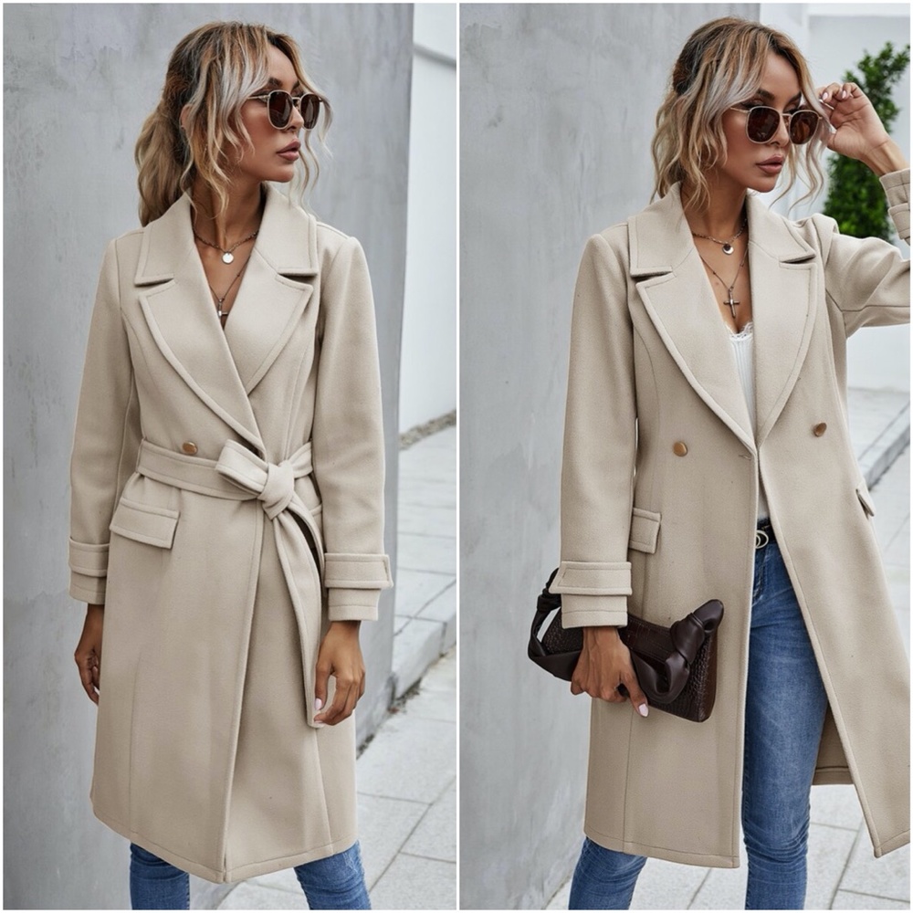 Trench Coat Double Breast Buttons belt pea coat - Picture 2 of 16